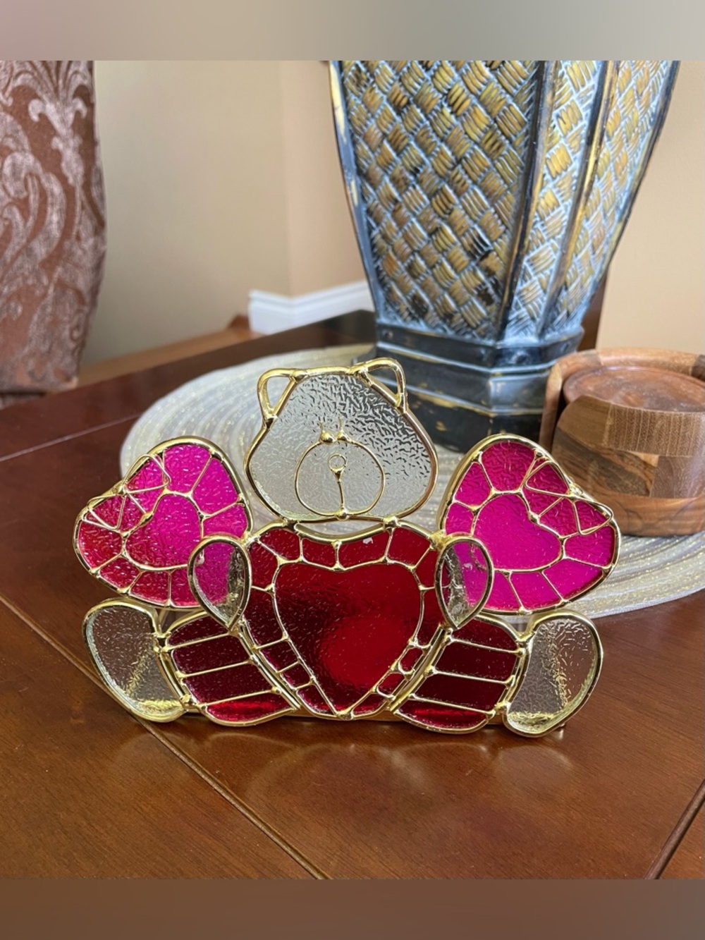 Stained Glass Style Bear & Heart Votive Candle Holder